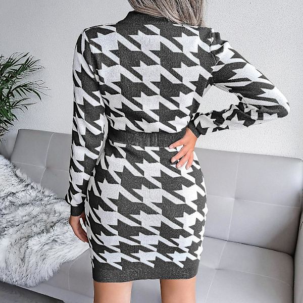 Houndstooth Print Kjole Kjole V-hals Langærmet Strikket Bodycon Kjole Til Kvinder Black L
