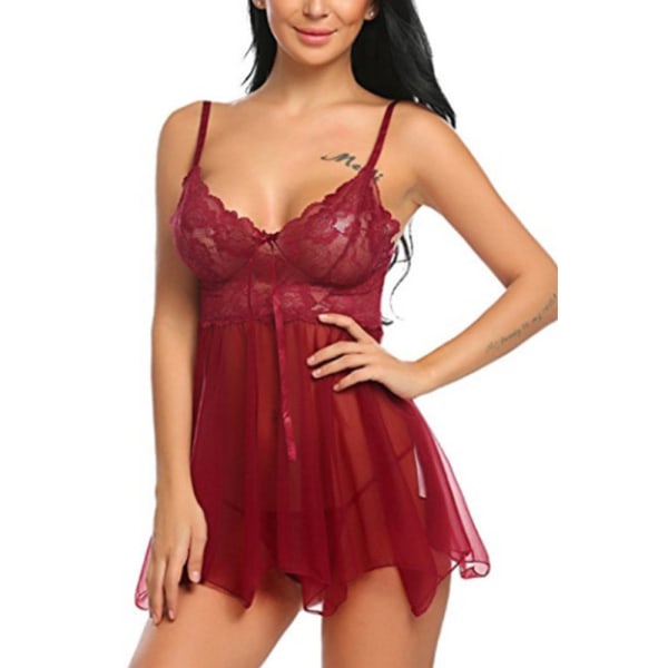 Kvindens sexede gennemsigtige delte sexede nattøj Deep V Babydoll - Wine red XL