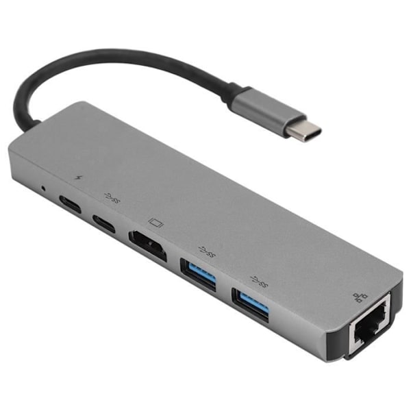 HURRISE 6-i-1 lättviktsgrå metall USB C-adapter med USB C Hub, USB 3.0, , RJ45 Ethernet, Mini SDTF och OTG-portar
