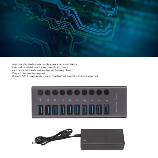 HURRISE USB3.0 Hub 10 Port USB3.0 Hub Splitter Oberoende strömförsörjning Laddning Dataöverföring Hub