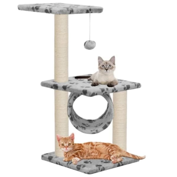 BEL-Kattträd med skrapstolpar Möbel för katter av sisal 30 x 30 x 65 cm Grå med svarta tassavtryck