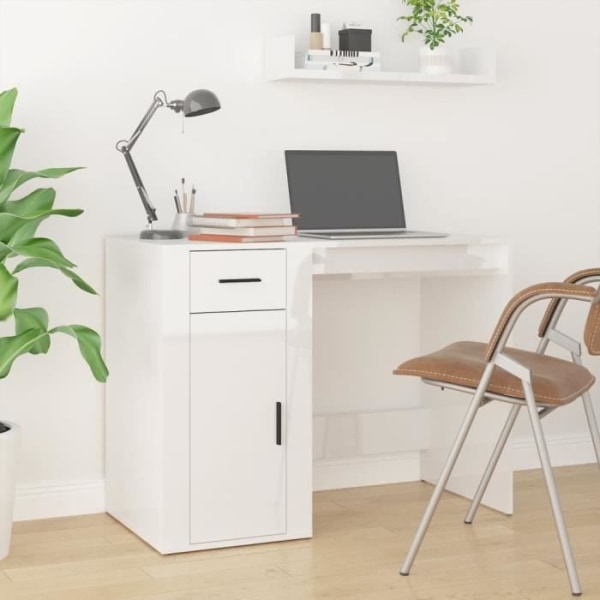 Kontorsskrivbord med högblankt vitt skåp konstruerat trä YOS7290578884642