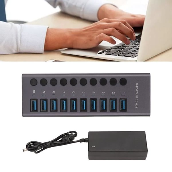 HURRISE USB3.0 Hub 10 Port USB3.0 Hub Splitter Oberoende strömförsörjning Laddning Dataöverföring Hub