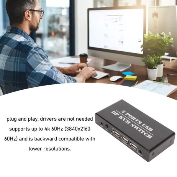 HURRISE 2 Port KVM Switch 2 Port DisplayPort KVM Switch 4K 60Hz KVM Switch Plug Datortillbehör EU Plug