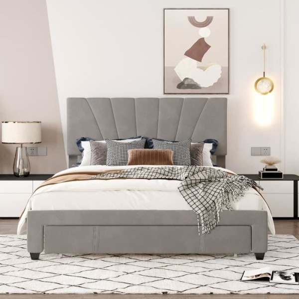 Klädd säng 140 x 200 cm säng med lamellram, ryggstöd och stor låda, vänligt flanelltyg, grå, dubbelsäng (utan m)