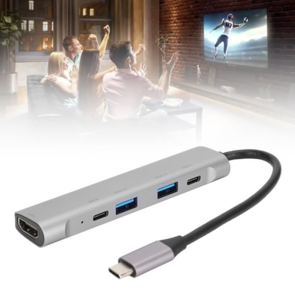 HURRISE Center 5 i 1 Typ-C till HUB, aluminiumlegering USB HUB Hub, 4K x 2K 30Hz TV-projektor Videodatortillbehör