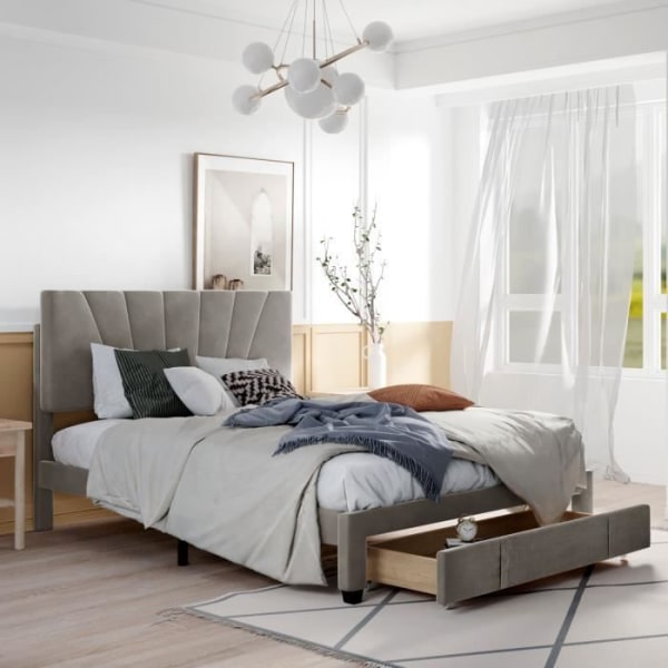Klädd säng 140 x 200 cm säng med lamellram, ryggstöd och stor låda, vänligt flanelltyg, grå, dubbelsäng (utan m)