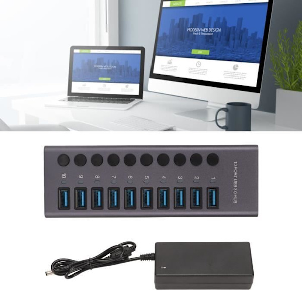 HURRISE USB3.0 Hub 10 Port USB3.0 Hub Splitter Oberoende strömförsörjning Laddning Dataöverföring Hub