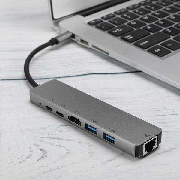 HURRISE 6-i-1 lättviktsgrå metall USB C-adapter med USB C Hub, USB 3.0, , RJ45 Ethernet, Mini SDTF och OTG-portar