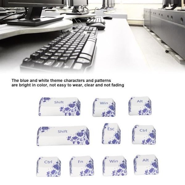 HURRISE 10 nyckelkapslar 10 STK Key Caps Dye Sublimation Process blå och vit porslinsstil PBT Keycaps för tangentbord