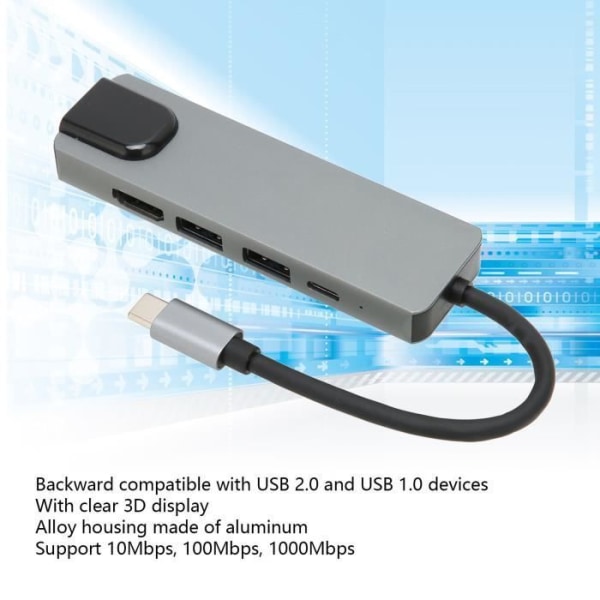 HURRISE Laptop USB HUB USB C HUB 5 i 1 aluminiumlegeringsfodral HD 4K 5Gbps PD överföringsladdningsport