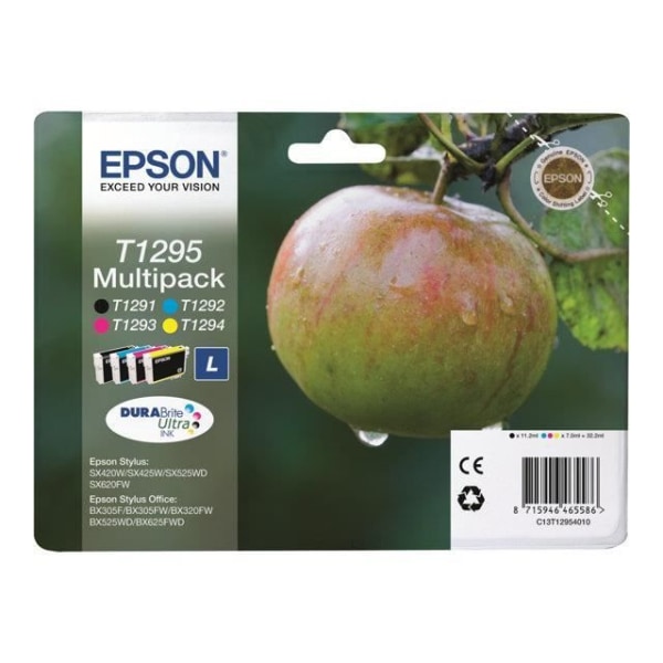 EPSON-paket med 4 V-bläckpatroner - Svarta och trefärgade - högkapacitet 11,2 ml - 3 x 7 ml - blister med larm