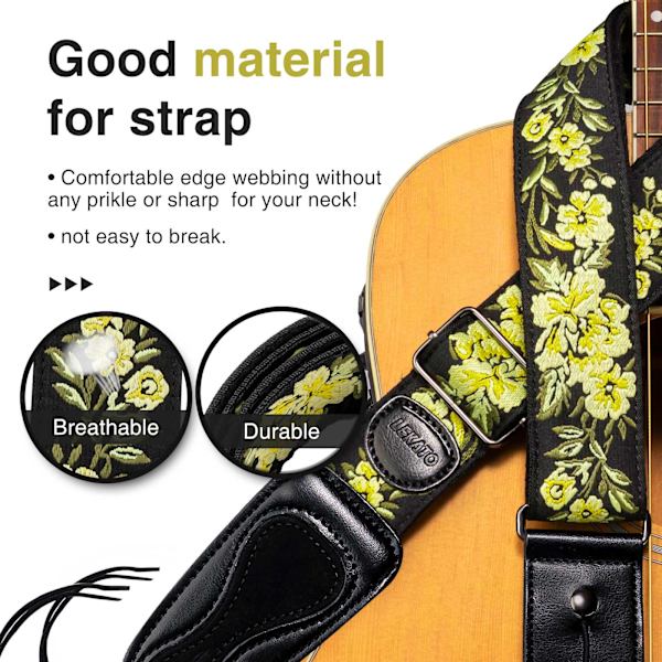 LEKATO LGS-6 Rem för elektrisk akustisk gitarr 6 plockar 2 lås Yellow