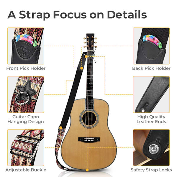 6 val akustisk gitarr basbandhållare bälte Jacquard Weave Gold