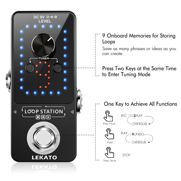 LEKATO Looper Effect Pedal Guitar Tuner 40 Mins 9 Wave