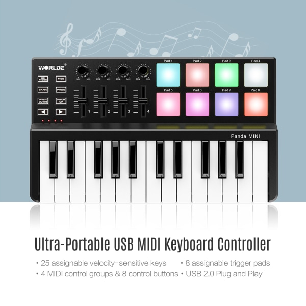 WORLDE 25 tangenter USB MIDI Keyboard Controller Drum Pad Music Maker