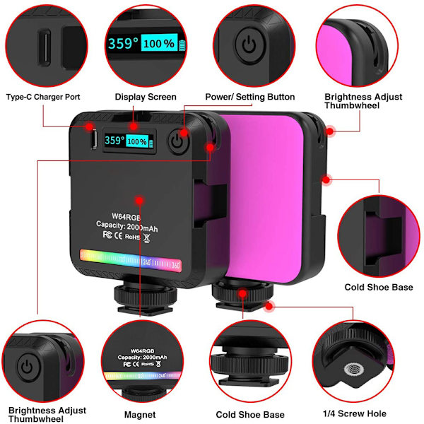 W64 Dimbar LED RGB-videoljus för kamerafotografering