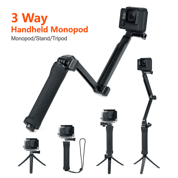 Vikbar 3-vägs Monopod Selfie Stick för Gopro Hero 10 9 8 7 5 6