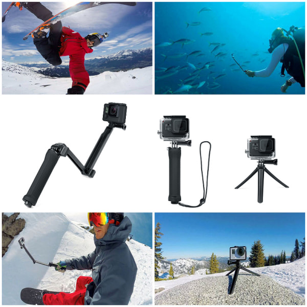 Vikbar 3-vägs Monopod Selfie Stick för Gopro Hero 10 9 8 7 5 6