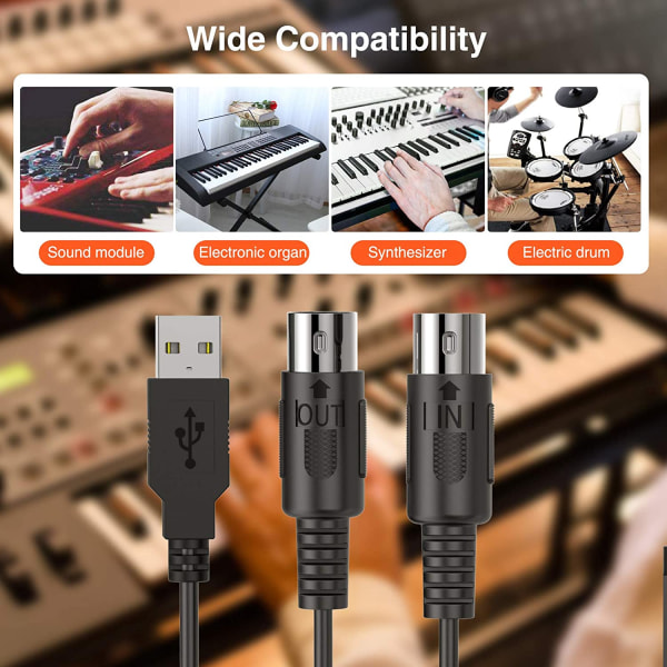 LEKATO USB till MIDI-kabeladapter med in- och utgångsanslutning