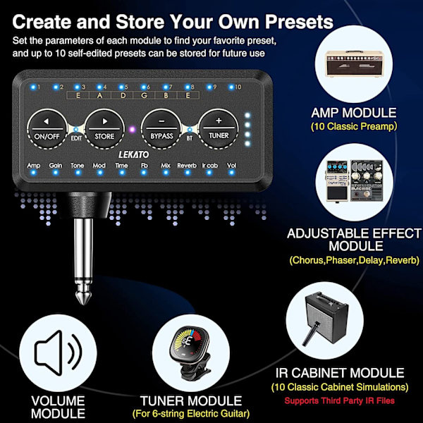 LEKATO Wireless Guitar Headphone Amplifier IR Cabinet Simulation