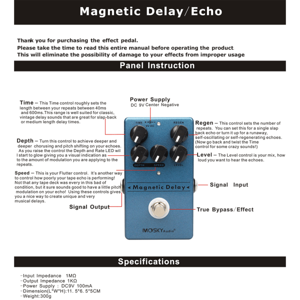 Mosky Magnetic Echo Delay Elgitarr Effekt Pedal Bypass