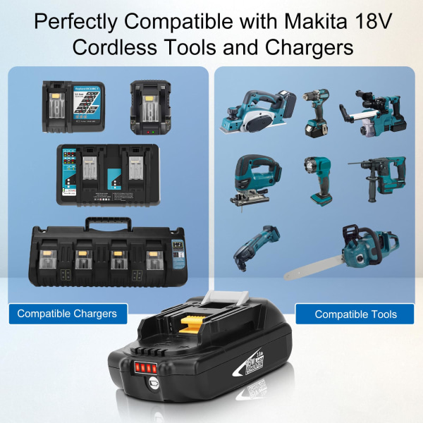 2-pack kompatibelt Makita 18v batteri 3,0 Ah Lxt Li-ion Bl1830b sladdlös, ny 2 st