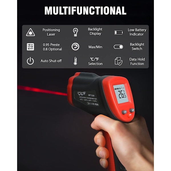 Infraröd termometer för matlagning, digital temperaturpistol -58℉-716℉(-50℃-380℃) med Max-Min-mätning (ej för personer) Digital infraröd termometer