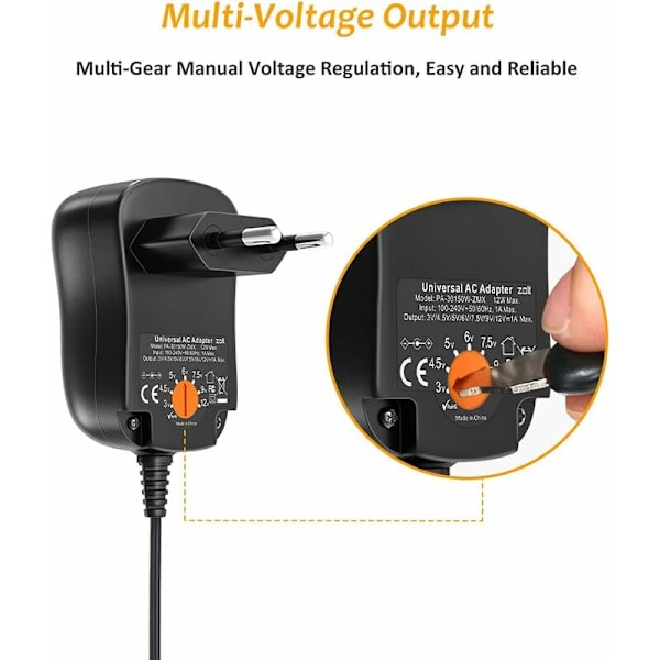 Universell AC till DC strömadapter 3V 4.5V 5V 6V 7.5V 9V 12V 1A switchande strömförsörjningstransformator med 8 DC-kontakter för hemelektronik