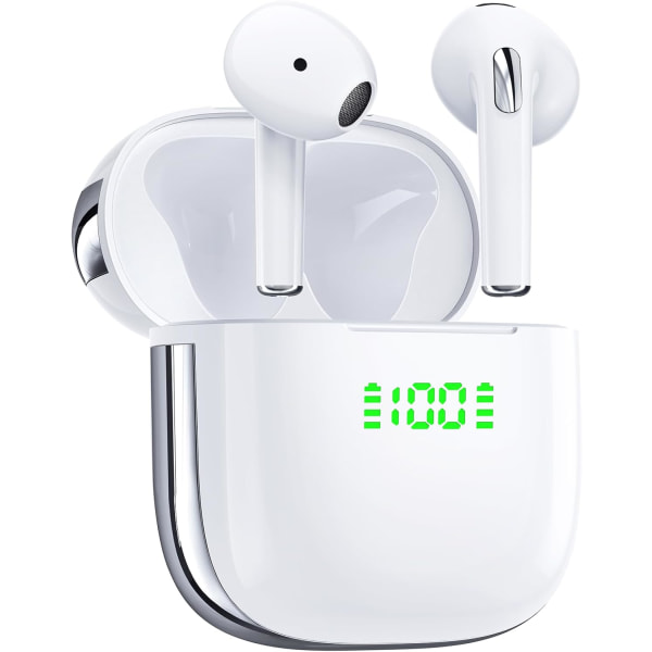 Öronsnäckor 72 timmars uppspelning Bluetooth hörlurar Trådlösa hörsnäckor med dubbla LED Power Display Case Hörlurar IPX7 Vattentätt Stereoljud in-E White