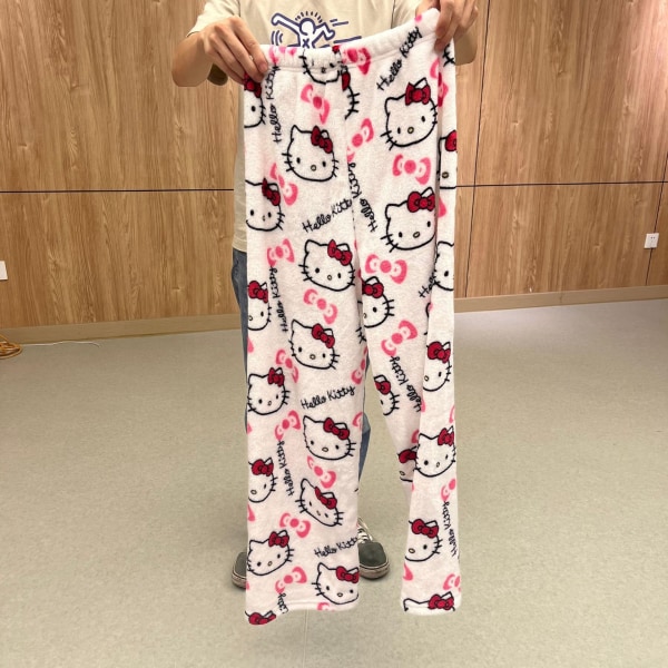 Tecknad HelloKitty flanellpyjamas Plysch förtjockad varma pyjamas för kvinnor Vit L