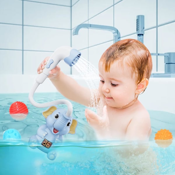 Badleksak, badleksak i elefantform, duschhuvud med termometer, badleksak baby från 6 månader, elektronisk duschfunktion, W blå