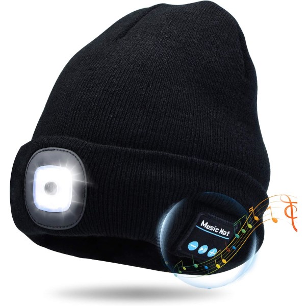 Bluetooth musikmössa, vintermössa med ljus, 4 LED-mössa USB uppladdningsbara mössor för män, kvinnor, varm stickad mössa för vintersport utomhuslöpning svart