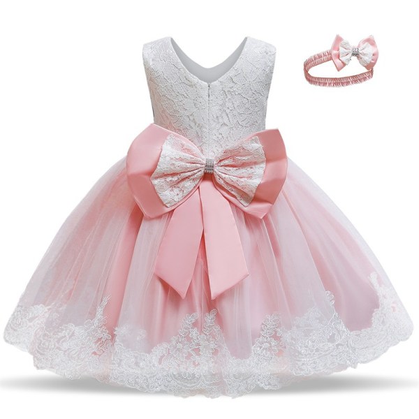 Baby Girl Spets Broderiklänning Rosett Festklänning Brudtärna Bröllopsklänning Med Tiara pink 100cm