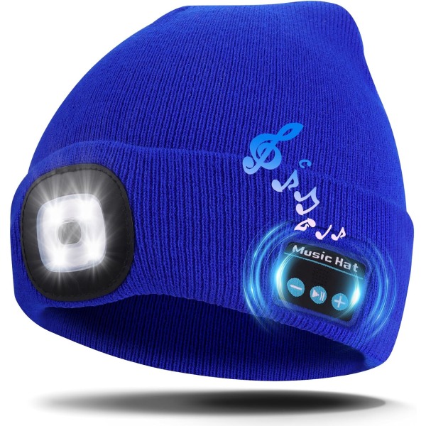 Bluetooth musikmössa, vintermössa med ljus, 4 LED-mössa USB uppladdningsbara mössor för män, kvinnor, varm stickad mössa för vintersport utomhuslöpning bule