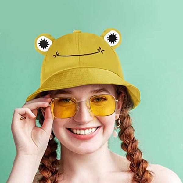 Groda solhatt, groda bucket hat herr fiskehatt dam bucket hats för kvinnor herrhattar sommarmössa Gul Yellow L