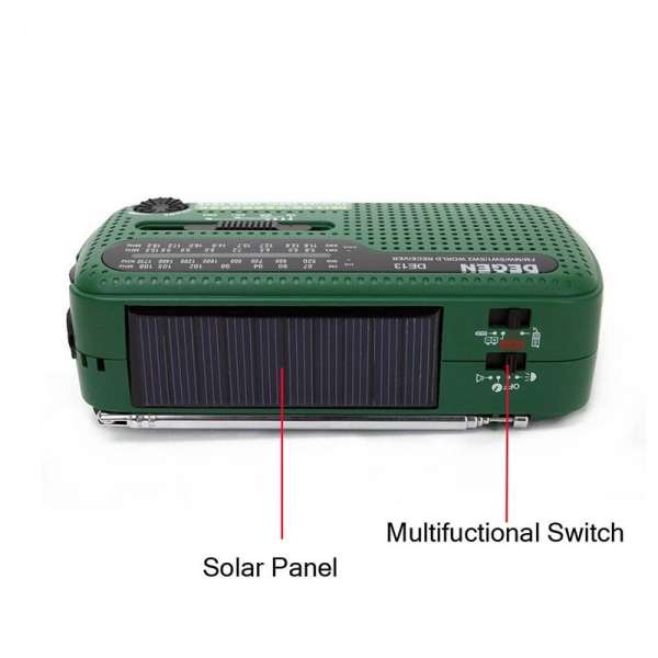 Vevradio/ficklampa med solcell - 2000mAh Power Bank - Grön