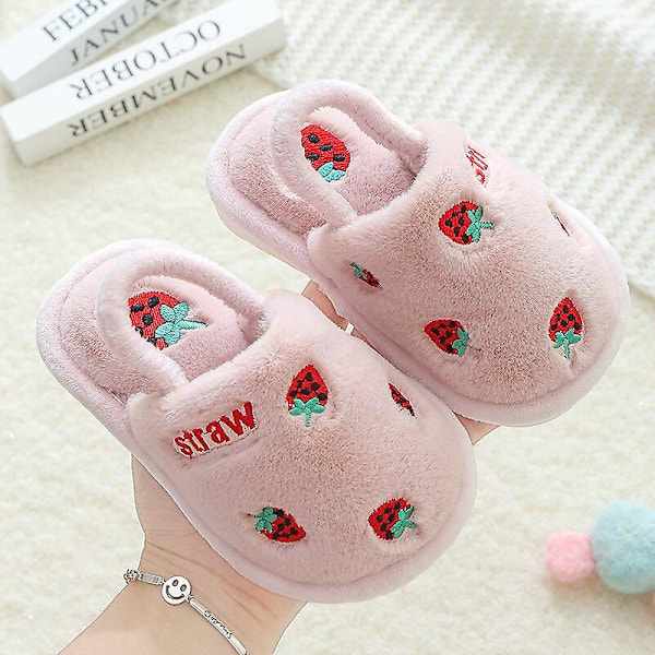 Toddler skor vinter baby hemtofflor flickor jordgubbe varma bomullstofflor inomhus halkfria sandaler barn pojke pantufa infantil kostymskor Rosa Pink 26-27(inner 17cm)