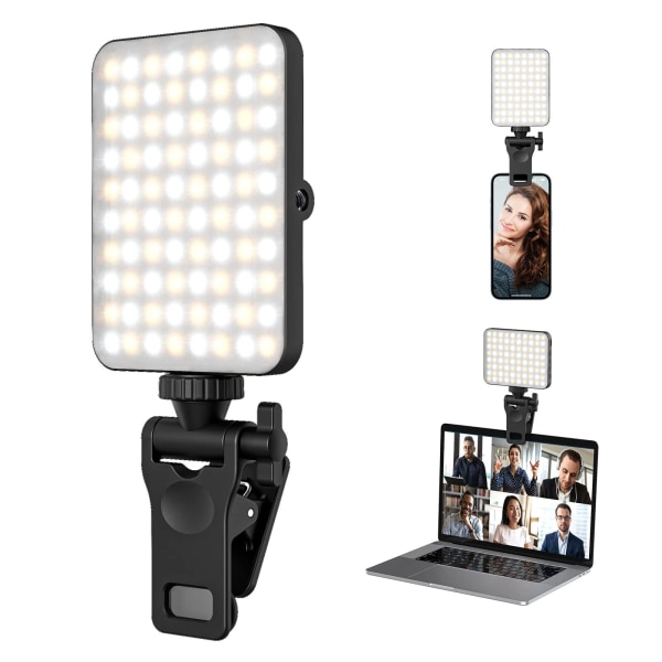 Selfie-ljus, 80 LED-uppladdningsbart telefonljusklämma, 3 lampor och oändliga justeringslägen, 2000mAh Selfie-ljus för
