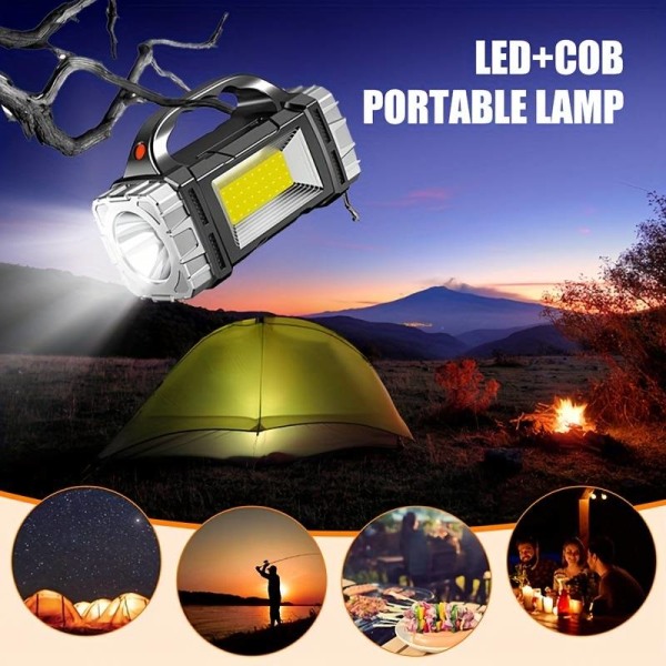 Kannettava aurinko-/ USB ladattava LED-lamppu vedenpitävällä taskulampulla ja useilla valaistustiloilla – täydellinen retkeilyyn, kalastukseen, retkeilyyn ja yökävelyyn