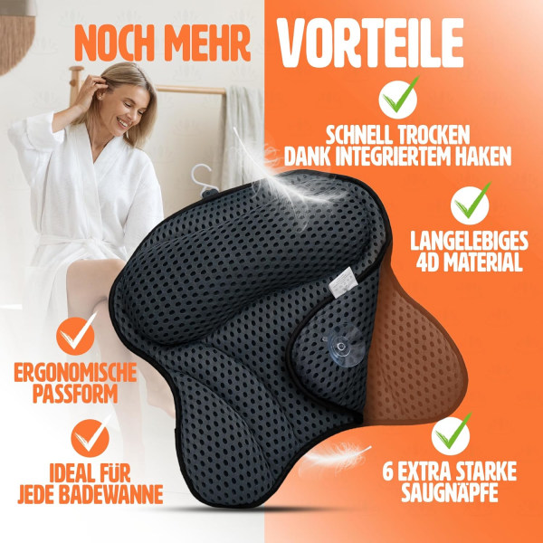 4D badepude - [Tested kvalitet] - Indeholder 6 ekstra stærke sugekopper - Badepude med ergonomisk pasform til nakke og ryg - Nakke i høj kvalitet P Vit