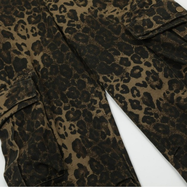 Tan Leopard Jeans Dame Dongeribukser Dame Oversize Wide Leg Bukser S