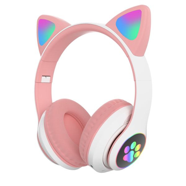 Trådlösa hörlurar Over Ear Cat LED-ljus hopfällbart musikheadset med för vuxna och barn PC-TV-spel Music Pad Laptop Cellph rosa