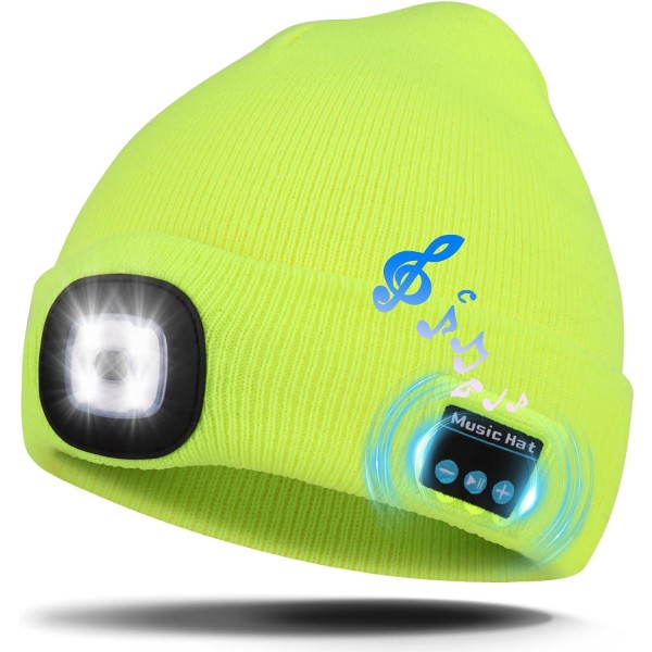 Bluetooth musikmössa, vintermössa med ljus, 4 LED-mössa USB uppladdningsbara mössor för män, kvinnor, varm stickad mössa för vintersport utomhuslöpning grön