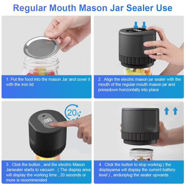 Electric Mason Jar Vacuum Sealer Kit, Sladdlös Vacuum Sealer för Mason Jars med bred och vanlig mun för vakuumlagring och jäsning av Foo