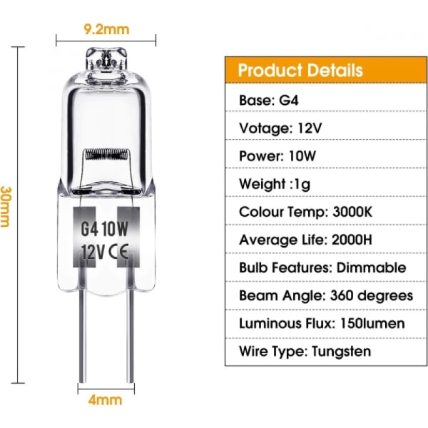 G4 halogenlamper 10W 12V - Varm hvit - 10W 20stk