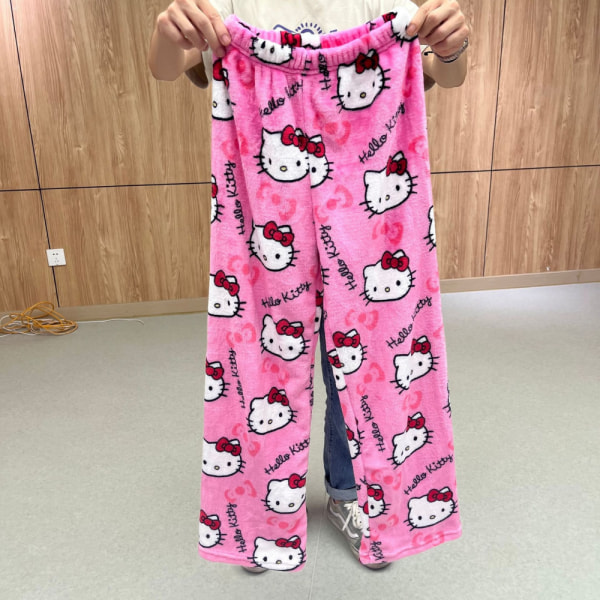 Tecknad HelloKitty flanellpyjamas Plysch förtjockad varma pyjamas för kvinnor Svart Vit Katt XL