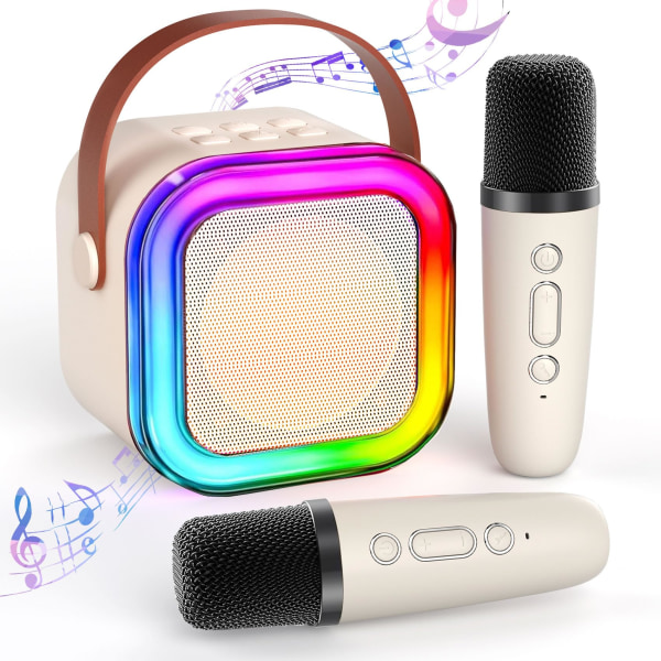 Bärbar Bluetooth karaokemaskin - kul för barn och vuxna, inkluderar 2 trådlösa mikrofoner och lampor, perfekt för fester och familjesammankomster Beige 2pcs