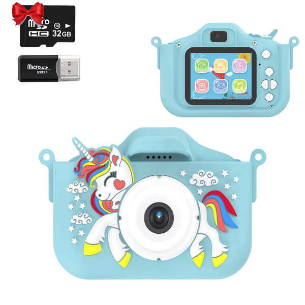 Barnkamera 2,0 tums IPS-skärm 1080P 40M HD-videokamera Barn digital dubbelkamera 32GB SD-kort plus läsare Unicornblue