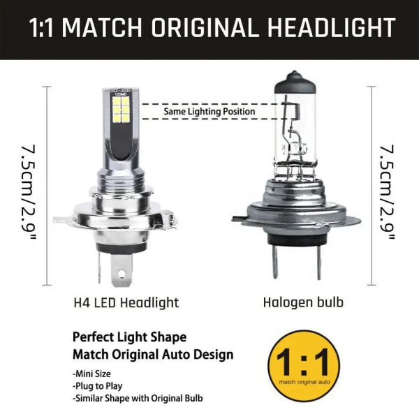 H4 auton led-sumuvalot, 12V 6000K LED-auton ajovalojen muunnossarja, CSP kirkkaat sumuvalot polttimot vedenpitävä 3000 lumenia LED La 4 st